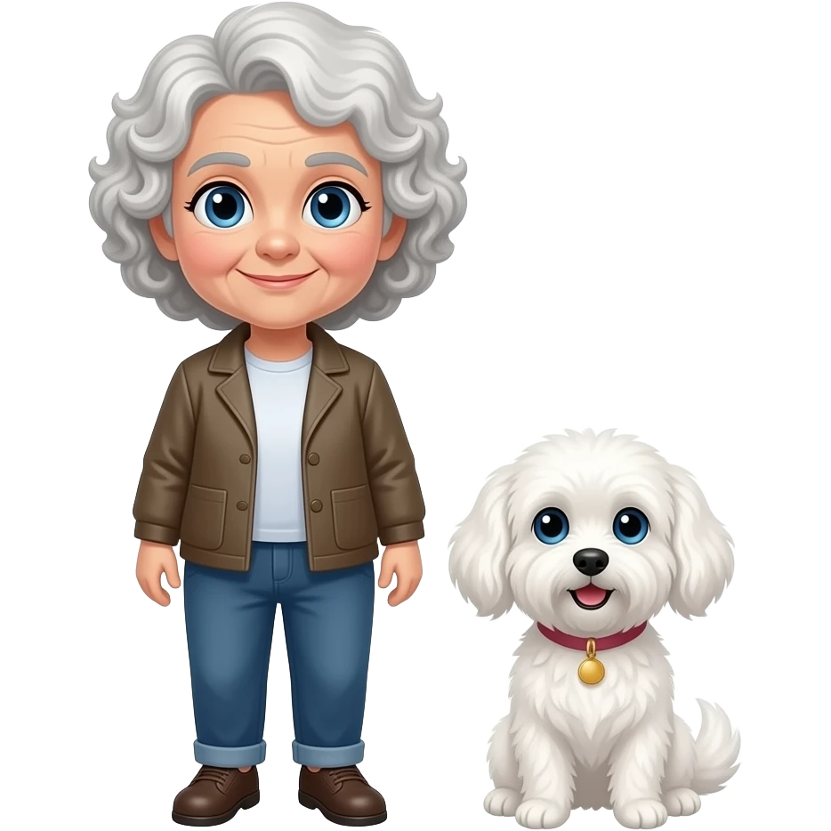 Elderly woman blue eyes very curly hair with maltese dog emoji
