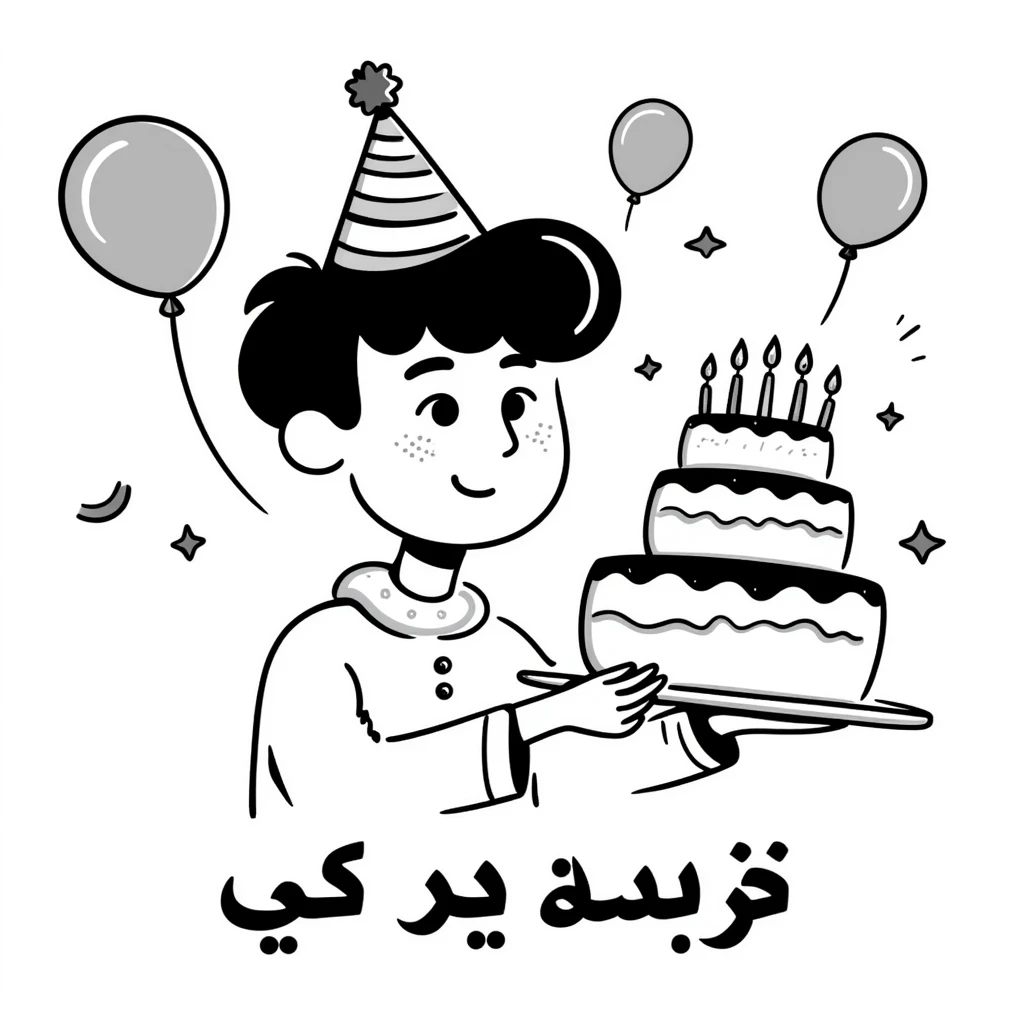 Extremely colorful and bright drawing of a cheerful boy with a birthday cake, rainbow colored decorations and party elements. At the bottom in large, bold, prominent Persian text write: "امیدرضا جان تولدت مبارک" emoji