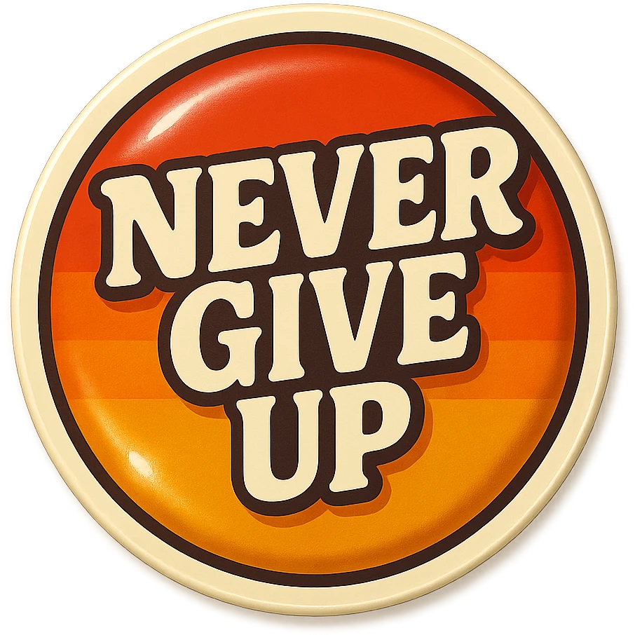logo with 'Never Give Up' in a circular badge, vintage style, inspiring, transparent background emoji
