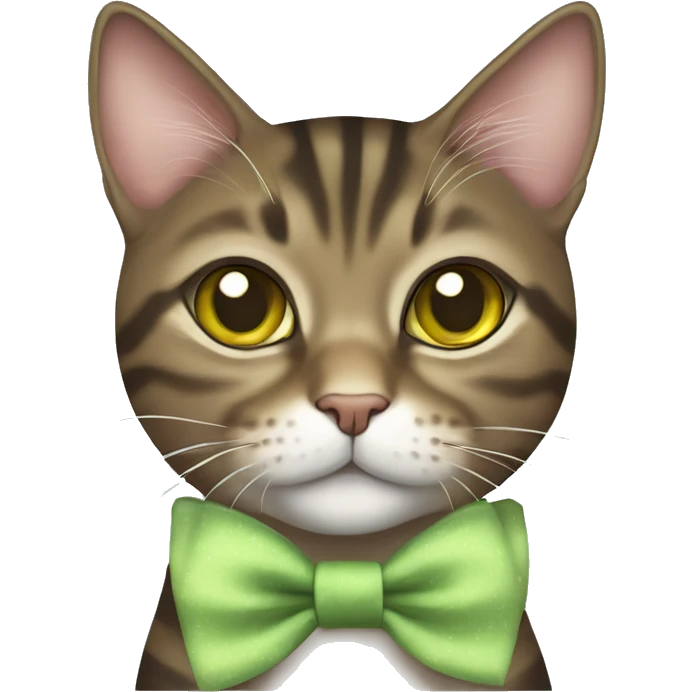 brown mackerel tabby cat with greenish yellow eyes and girly bow emoji