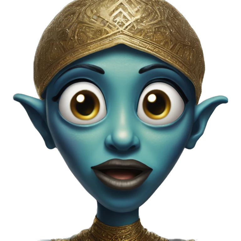 Alien in Aladdin style, oil paint, epic eyes, intricate lips, exquisite pose, beautiful, desirable, logical, Christian, Arabic emoji