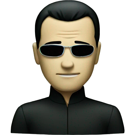 Neo from matrix with a serious face, waving, and matrix code in background emoji