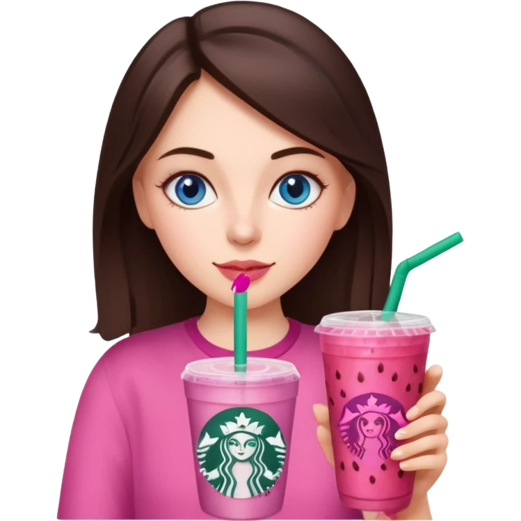 make an emoji of a brunette blue eye girl wearing pink drinking a strawberry acai refresher from starbucks emoji