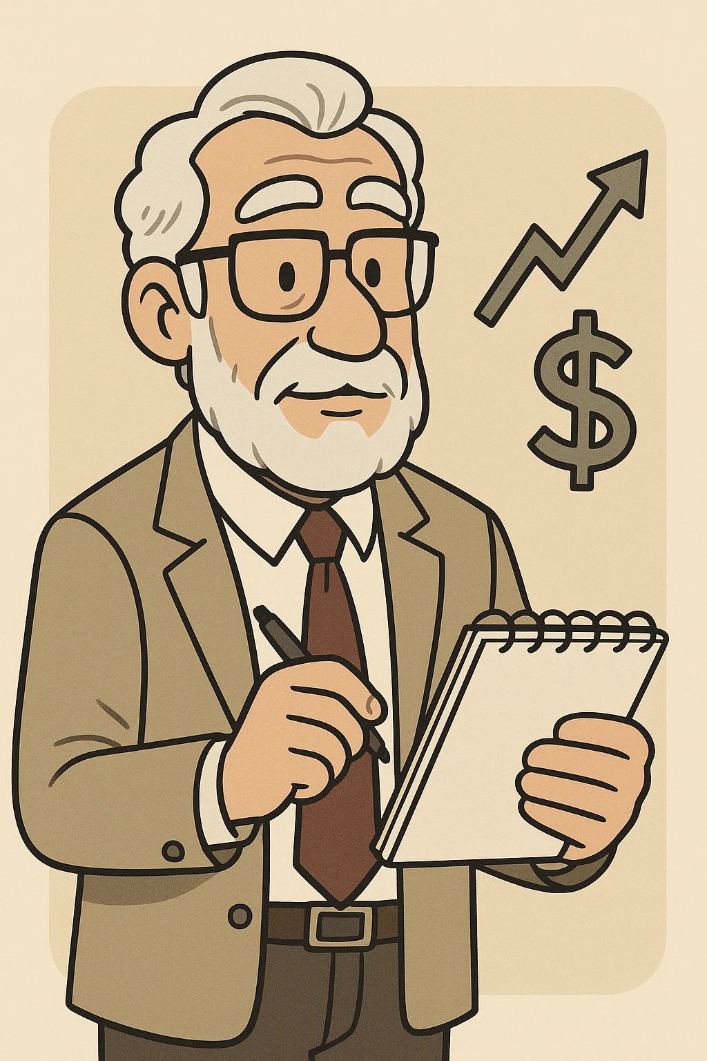 cartoon style older experienced male financial expert, with tie, glasses, notepad emoji