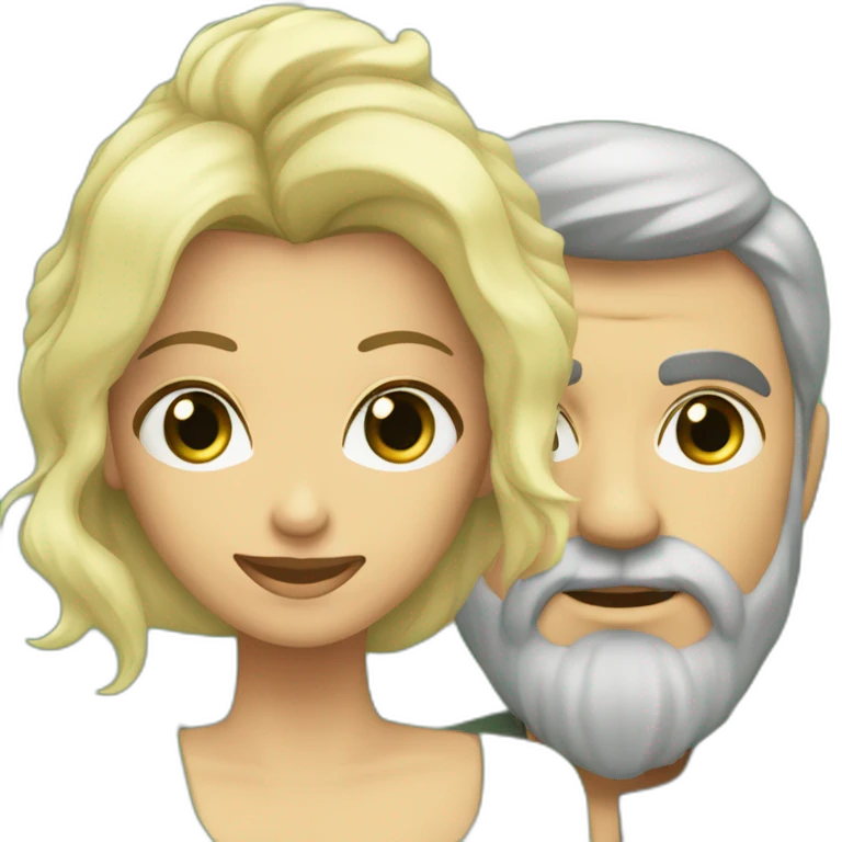Mujer rubia con pelo ondulado y ojos verdes junto a hombre de pelo y barba gris y ojos verdes emoji