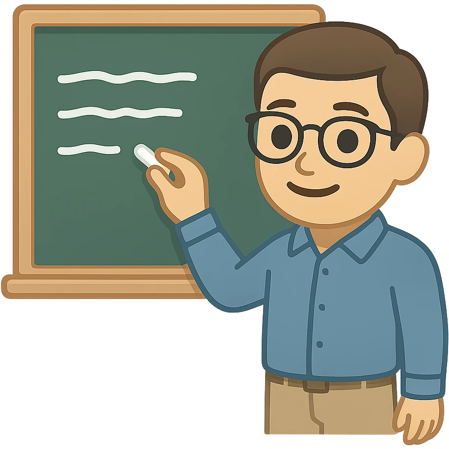 A cute and detailed emoji of a male teacher writing on a chalkboard. The teacher is smiling, wearing glasses, and dressed in a casual shirt and pants. He is holding a piece of chalk and writing something on the blackboard. emoji