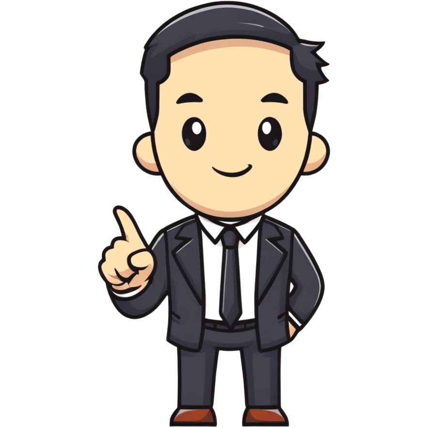 Boss character with a confident pose, business attire, pointing forward emoji