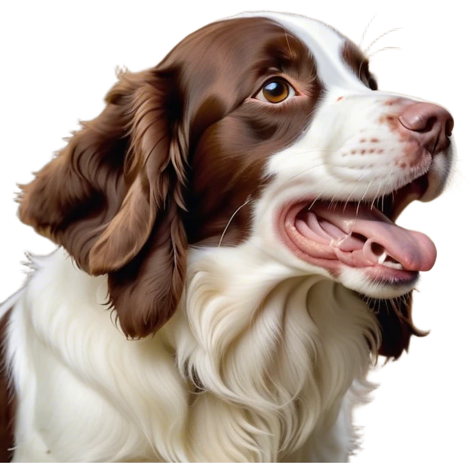 Cinematic Cute Yawning Springer Spaniel Portrait Emoji, Head tilted slightly with a dramatic, wide-open yawn, showcasing a smooth Fur of liver and white with crisp markings, floppy ears slightly drooping, round brown eyes barely open in drowsy contentment, Simplified yet irresistibly adorable features, highly detailed, glowing with a soft, cozy glow, high shine, relaxed yet expressive, stylized with a touch of whimsy, bright and endearing, soft glowing outline, capturing the essence of a sleepy yet affectionate companion, so drowsy it feels like it could stretch right out of the screen and curl up for a nap! emoji