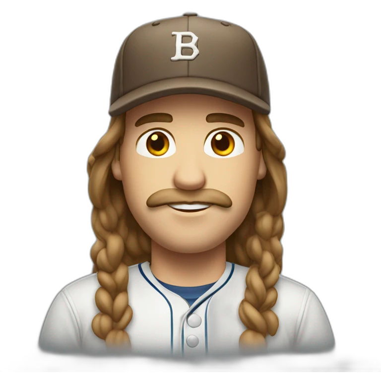white man with long brown hair and baseball cap and mustache emoji