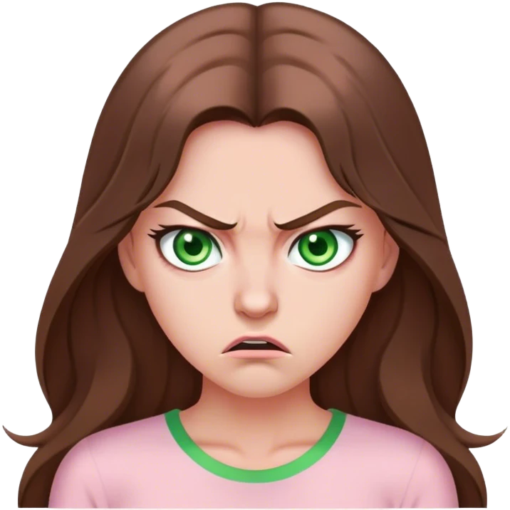 pretty woman with very long brown hair and green eyes and light pink outfit angry emoji