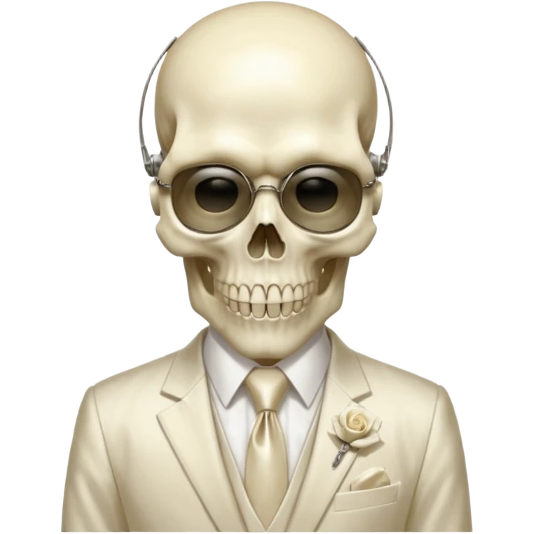 aesthetic shiny glowing divine lighting - Megadeth icon - a politician in an ivory ethereal suit wears a white tie, has a skull instead of a head, and instead of glasses, has a metal plate with screws over his eyes emoji