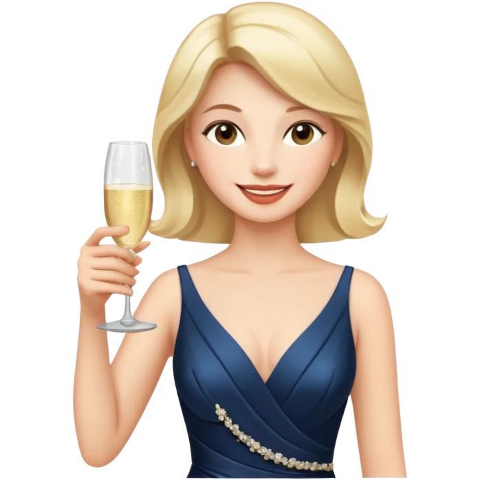 A confident woman in an evening dress raises her champagne glass with a calm, joyful smile. emoji