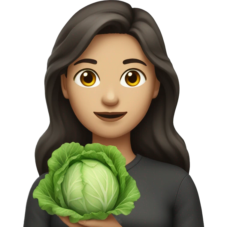 Women with long dark brown hair with name CAPUSTA hold in hands a cabbage  emoji