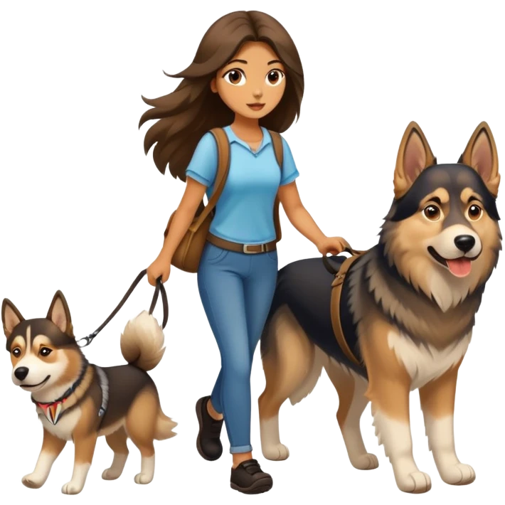 A long-haired girl walking a husky and a German shepherd emoji