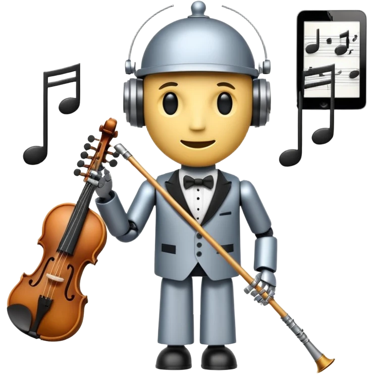 robot a sophisticated and elegant emoji that represents orchestration and arrangement. The design should feature a conductor’s baton, musical notes, and a symphonic score, symbolizing the process of arranging and orchestrating music. Incorporate instruments like a violin, trumpet, emoji
