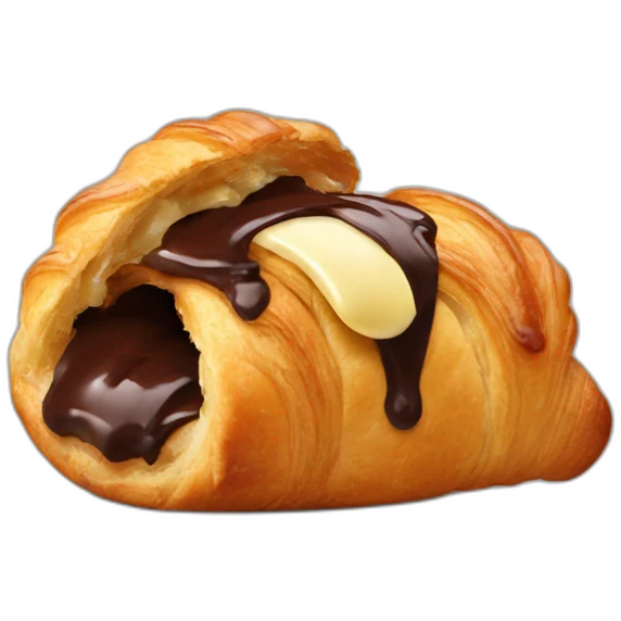 A chocolate croissant being eaten by a mouth emoji