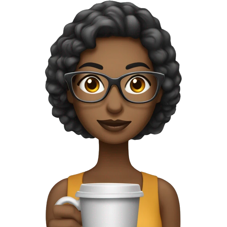 SOCIAL MEDIA ESTRATEGISTA, MULHER MORENA, CABELO PRETO COM OCULOS DE GRAU E  CANECA DE CAFE  emoji