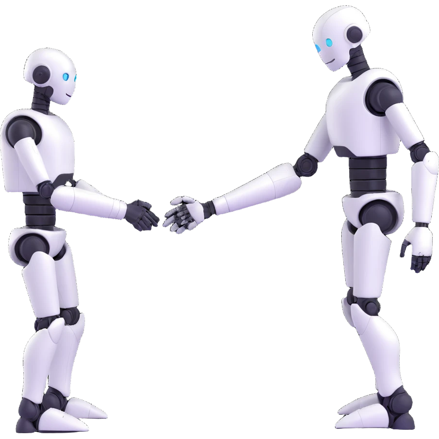 human and robot shaking hands symbolizing collaboration between humans and AI emoji
