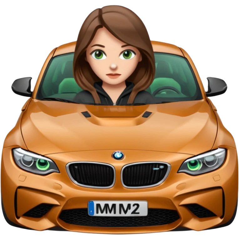 Beautiful Caucasian girl realistic with green eyes and long brown hair straddling sitting on the hood of BMW M2 car emoji
