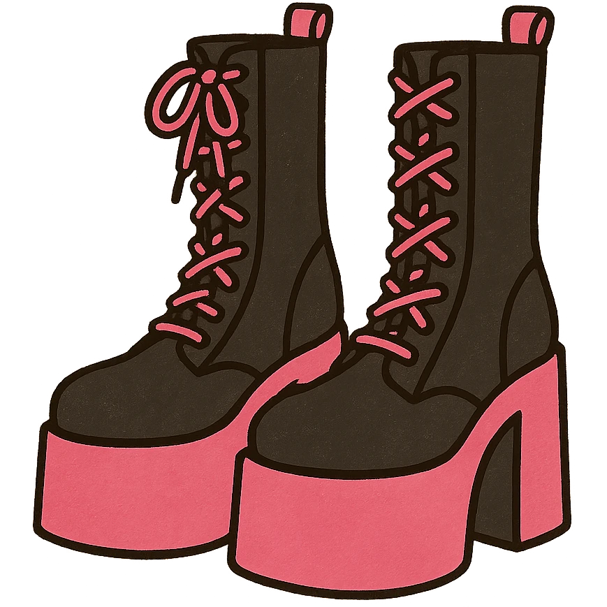BLACKPINK-inspired gothic boots, minimal and bold, black and pink, no hearts emoji