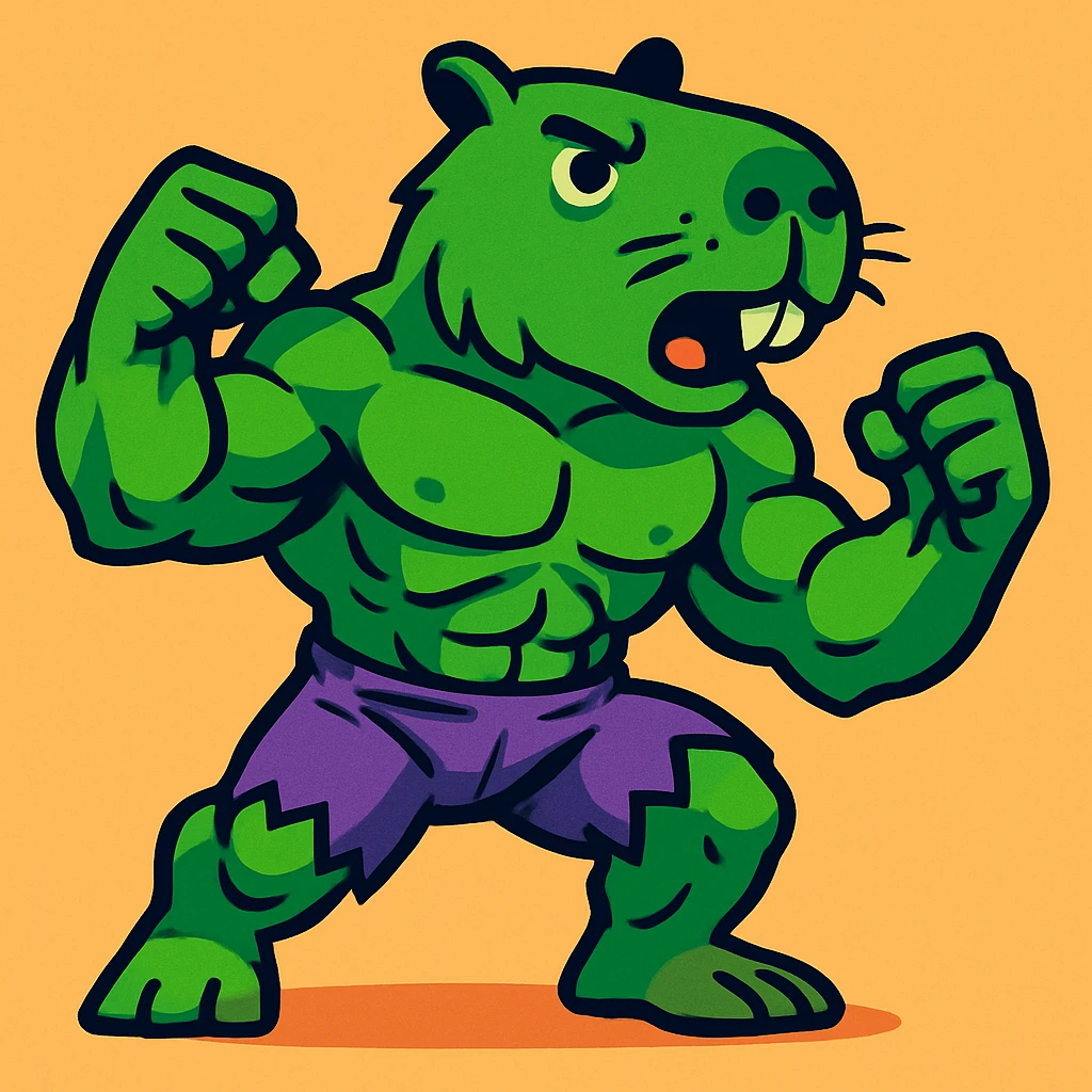 a capybara with the Hulk's body, ripped muscles, green skin, expressive face emoji