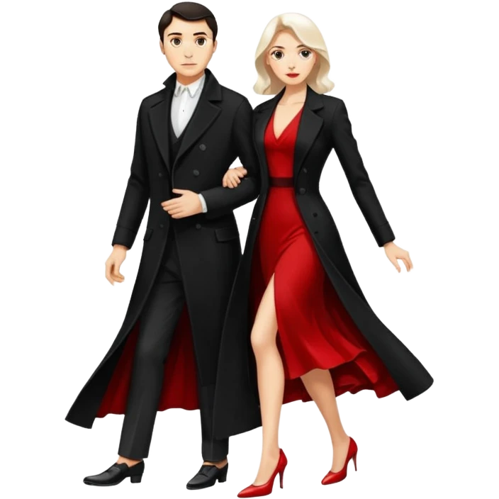 Ultra detailed realistic tango couple icon, black background, dramatic lighting, long black coat on man, white shirt and white shoes, red dress and white heels on woman, centered, minimal background, high contrast, 4K resolution, profile picture ready, sharp clean edges emoji