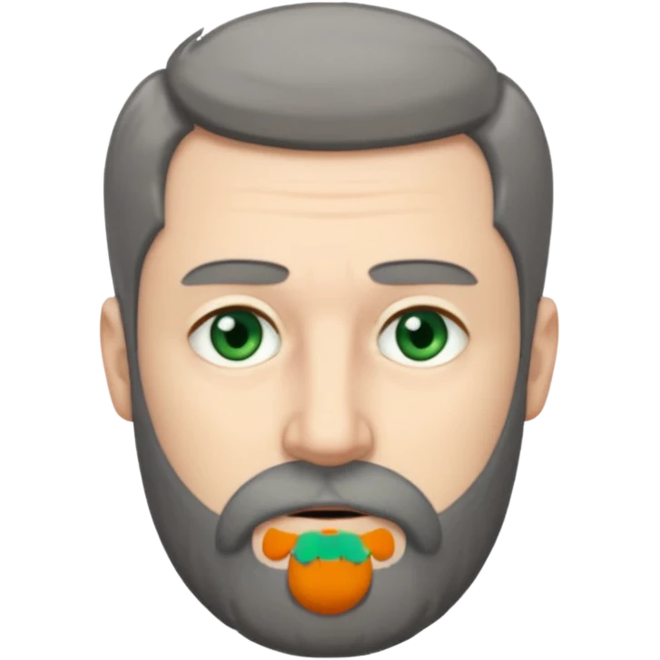 Greenish grey eyed adult man with tired look. Short dark grey hair, poor amount. He has a very long beard hanging. Pale skin. He's serious and looks tired. Make sure his hair and beard are both dark grey. emoji