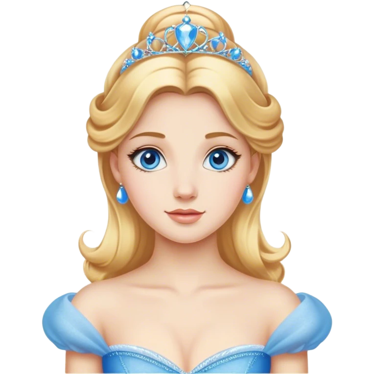 Cinematic Realistic Comical Cinderella Portrait, with every detail rendered realistically—from the soft, smooth texture of her fair skin to her artfully styled golden-blonde hair. Her bright blue eyes are wide with playful disbelief, and her expression carries a touch of whimsical humor while retaining elegant poise. Her classic ball gown, detailed with rich fabric textures and natural shadows, catches the light in a way that blends refined beauty with a hint of cheeky mischief, creating a striking, lifelike portrayal. emoji