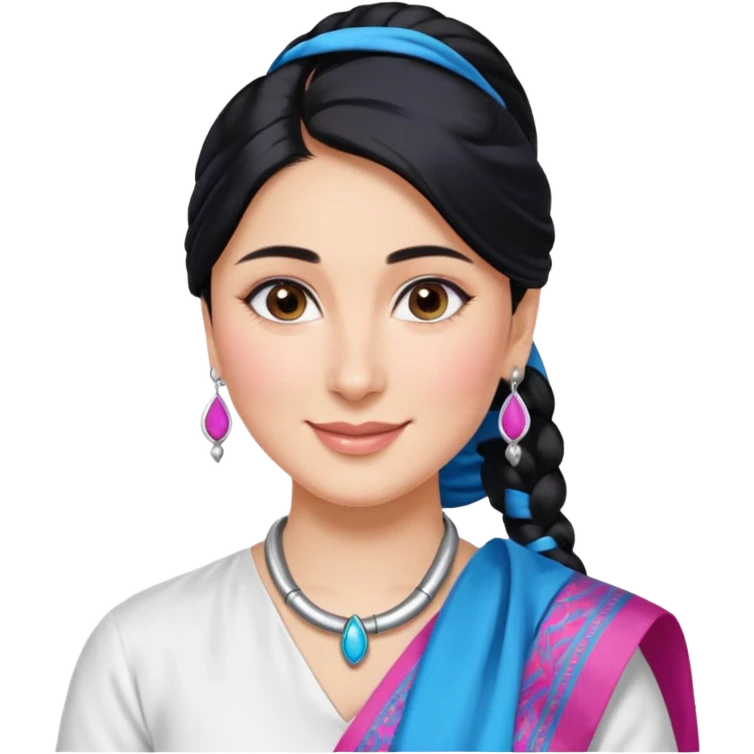 generate a pretty bratz emoji that looks like Kareena Kapoor's Geet character. 
Make her wear a white shirt with a colorful blue-pink dupatta wrapped around her neck. smiling big. Black hair tied into a side part ponytail, silver hoops

She should look exactly  like Kareena Kapoor emoji