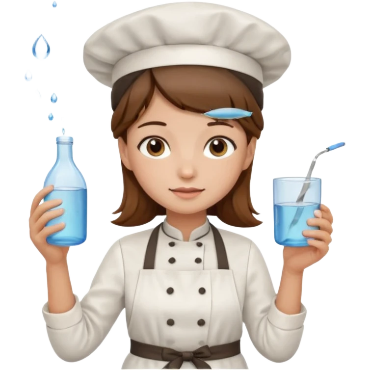 A girl with brown hair with a chef hat wearing an apron and holding a fish and a cup of water in another hand emoji
