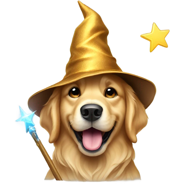 Golden retriever with a wizard hat and wand emoji