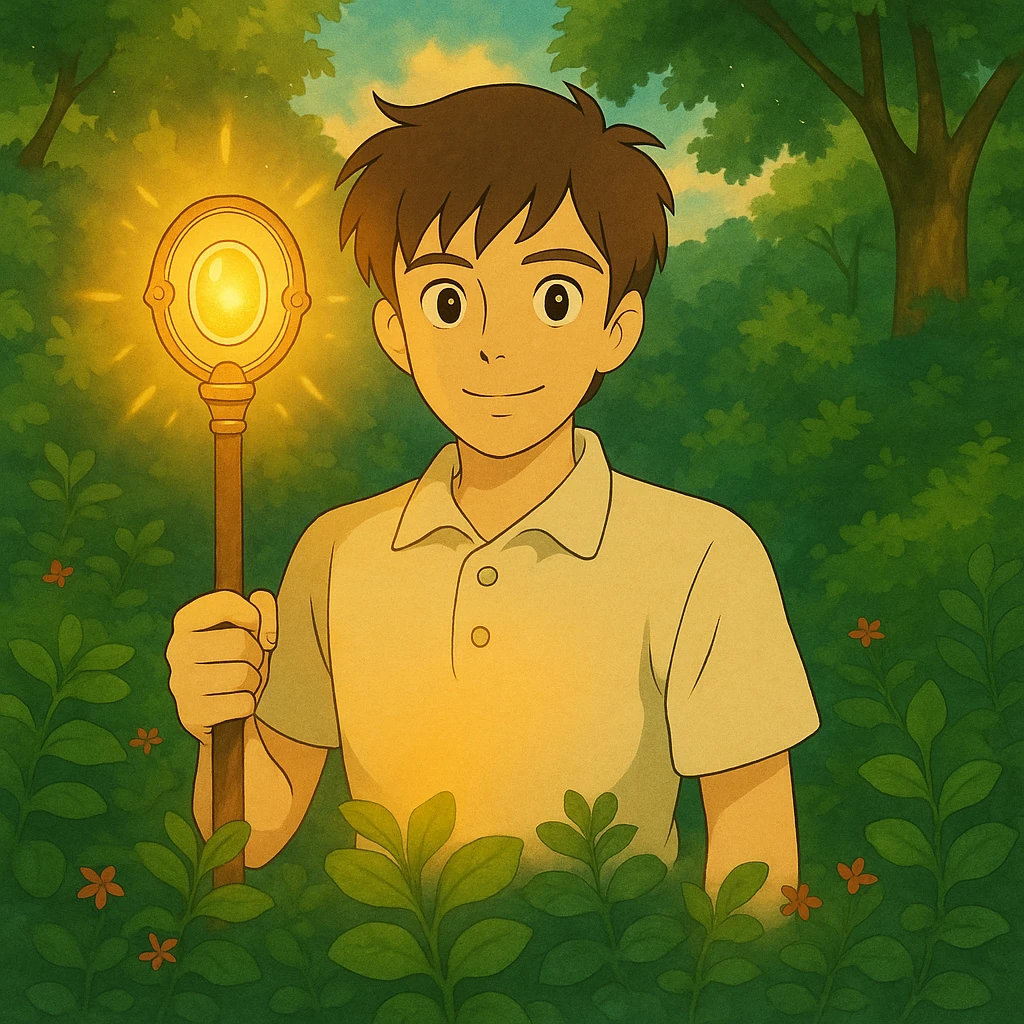 Add a magical item, such as a glowing staff or enchanted amulet, to Tom in Ghibli style, keeping the dreamy background and soft lighting. emoji