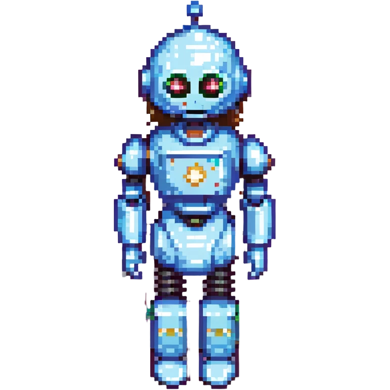 shoulders-up portrait of a cute female recruiter robot, 8-bit pixel art style, metallic, talking, one hand in the air, with long eyelashes emoji