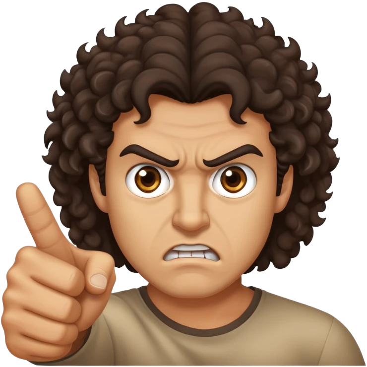 Angry tan man with big dark curly brown hair and brown eyes pointing at me emoji