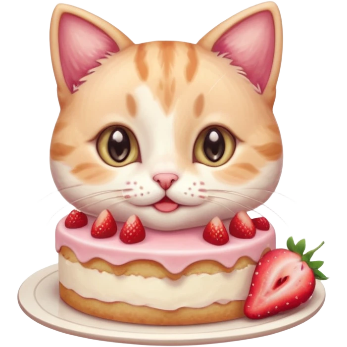 A cute cat happily eating a slice of strawberry cake, pastel color palette, soft shading, big sparkling eyes, kawaii style, highly detailed digital illustration, cozy atmosphere
, emoji
