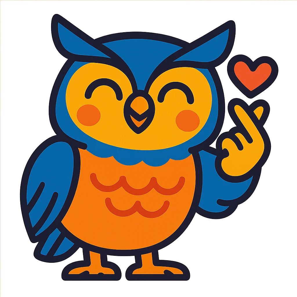 a wise owl smiling and making the saranghae (Korean finger heart) sign, visually appealing style, vibrant colors emoji