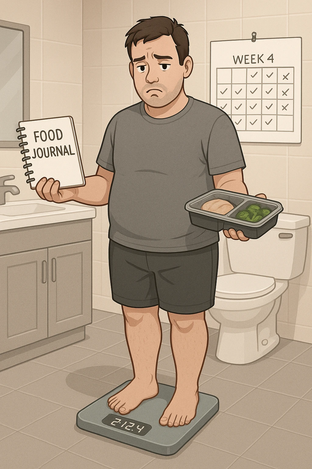Man in his 30s standing on a bathroom scale, looking disappointed and confused. He holds a food journal and a meal prep container, clearly following a diet. Behind him, a calendar marked with weeks of effort. His body looks the same as before — no visible change. Expression: frustration, lack of motivation. Clean, modern bathroom setting with neutral tones. Digital scale showing the same number as before. Subtle emotional tone: discouragement emoji