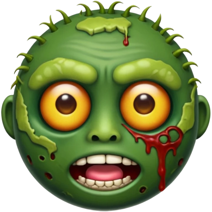 emoji de zumbi realista estilo 3D, pele verde podre, cicatrizes, olhos brilhando, expressão assustadora, fundo transparente emoji