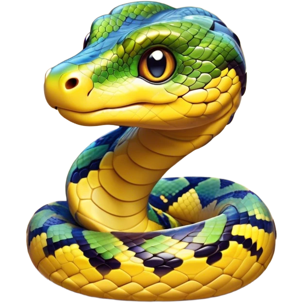 Cinematic Cute Python Portrait Emoji, Head tilted playfully and inquisitively, with a sleek, patterned body accented by vibrant scales and round, sparkling eyes full of charm, Simplified yet irresistibly adorable features, highly detailed, glowing with a warm, inviting glow, high shine, affectionate and lively, stylized with a touch of exotic whimsy, bright and endearing, soft glowing outline, capturing the essence of a mischievous yet loving python that seems as if it could slither out of the screen into your arms! emoji