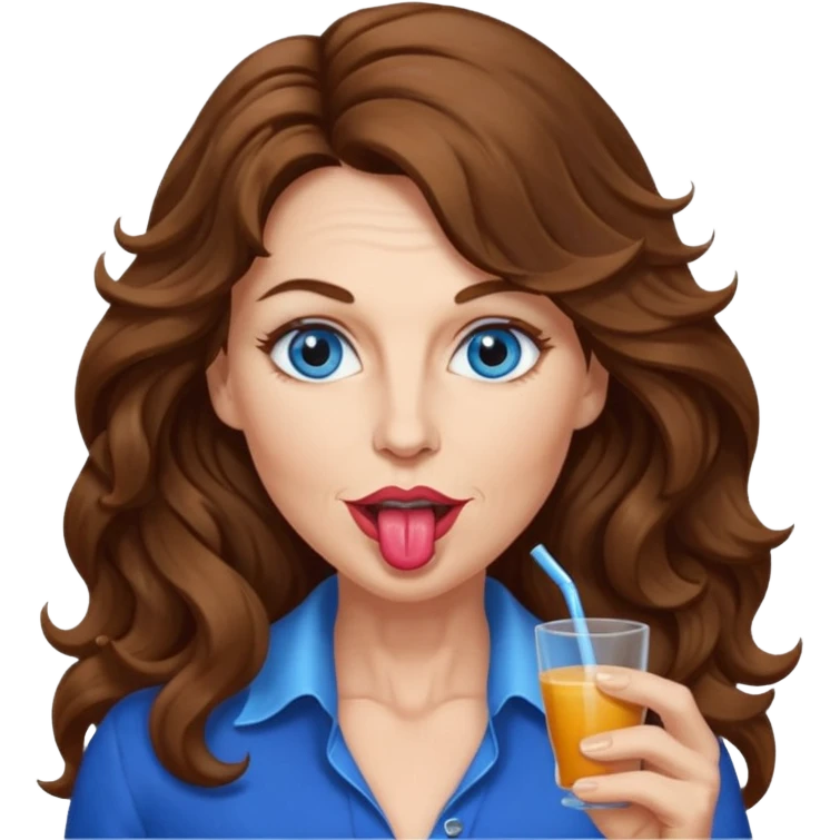 Extra Long wavy hair, brown hair, blue eyes Caucasian, age 50, sexy clothes, boobies, licking emoji