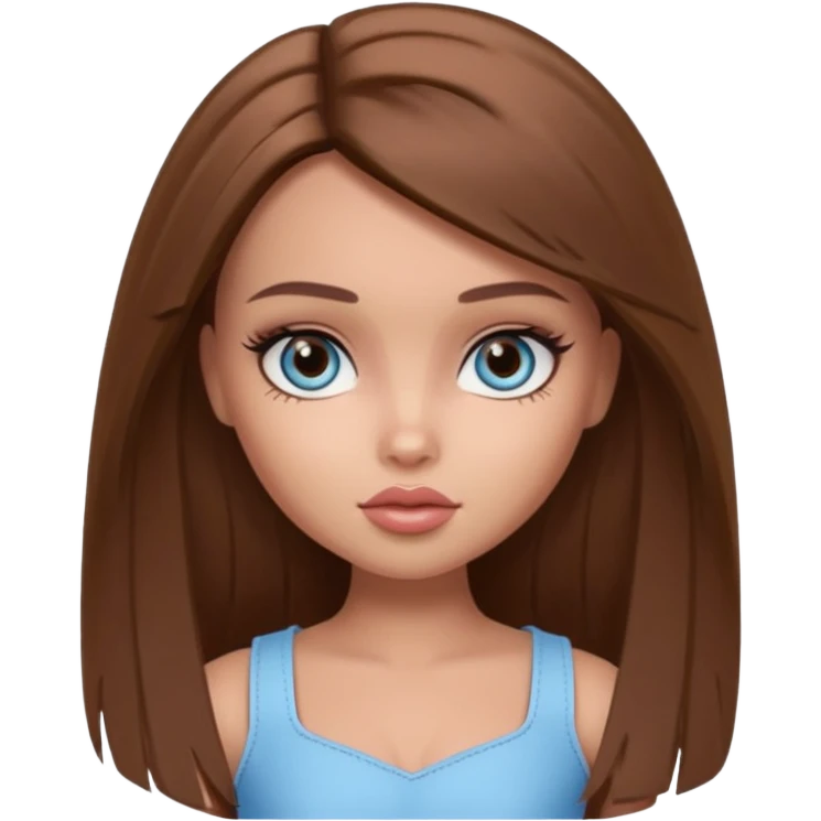 Pretty Bratz doll baddie, straight brown mid lenght hair, pale-tanned skin, natural makeup, light blue-grey eyes emoji