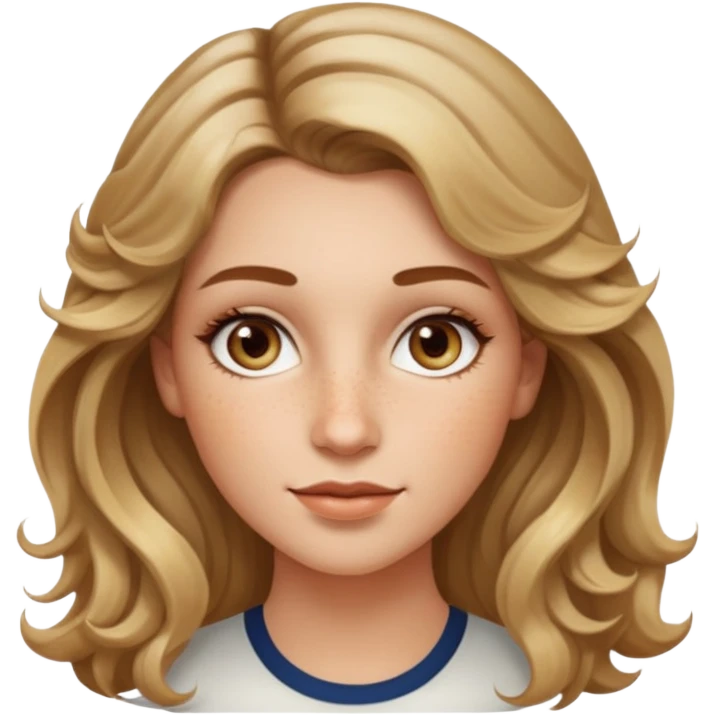 creative women with long dark Blond with highlights semi curly hair white women, oval shape face hazel eyes long lashes freckles on the nose high cheek bones emoji