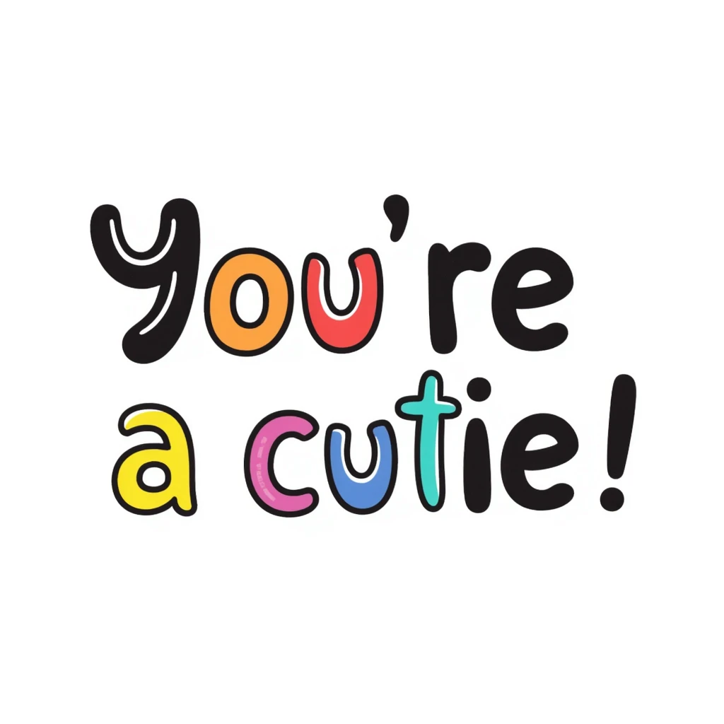 the phrase "you're a cutie" in rainbow gradient, bubbly and whimsical font, energetic and joyful look emoji