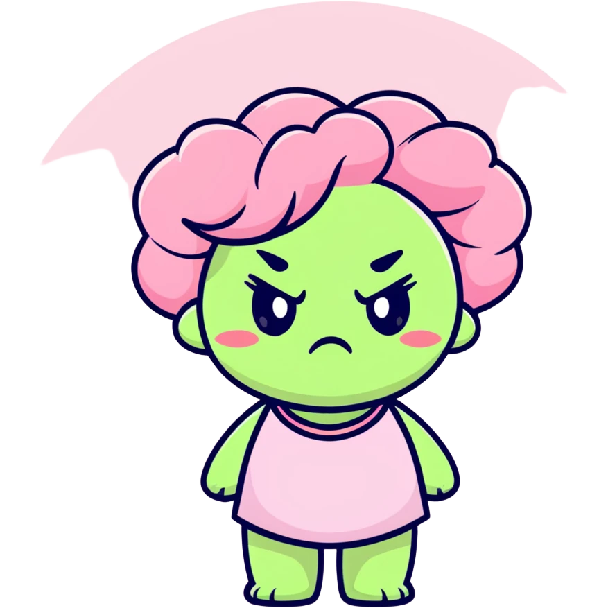 soft pink rose flower with puffed cheeks and an angry pouty face, stomping adorably, pastel tones, chibi round shape emoji