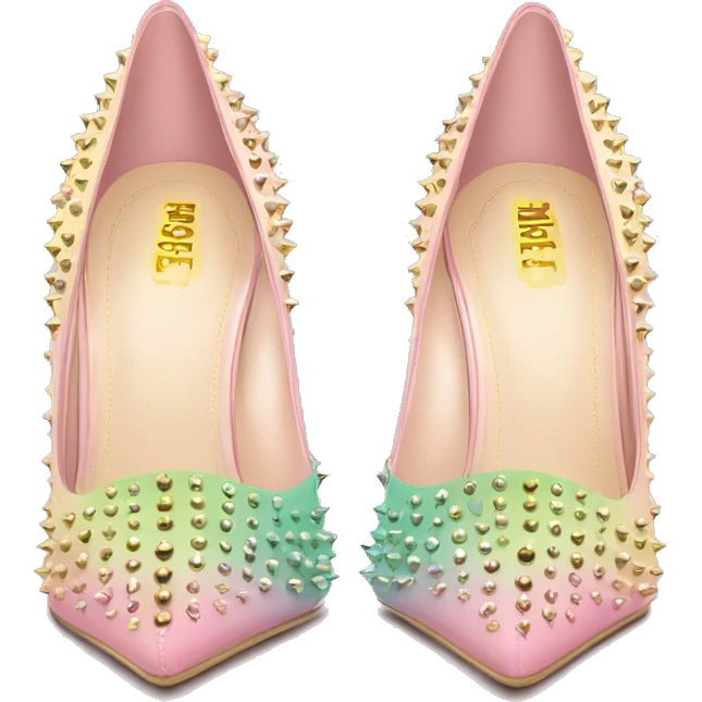 Hyper Realistic top front view of a pair of pastel pink,pastel green,and pastel yellow ombre gold studded pointed toe stiletto shoes.  emoji
