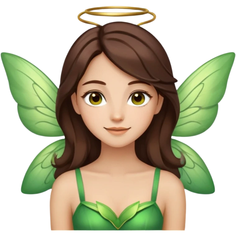 She has a middle parted layered chocolate brown hair with brown eyes and she has a cute small. She has green fairy wings on her back and she has light brown eyebrows  emoji