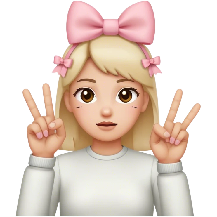 Blushing emoji with bows on the both side of the head with the two middle fingers emoji