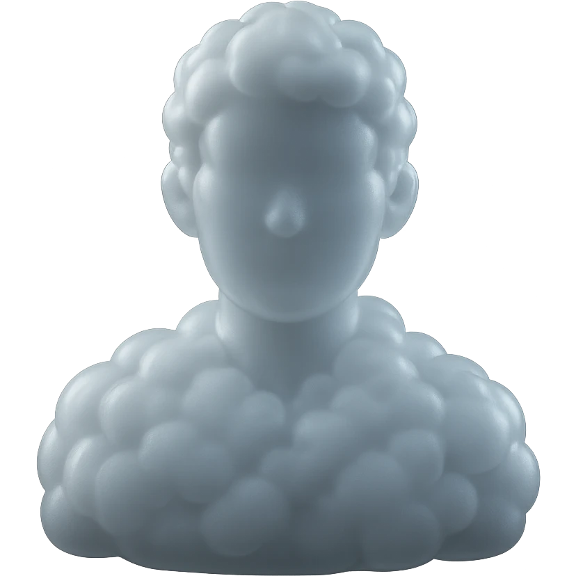 person from shoulders up, fully composed of white fluffy convex clouds, matte glass style emoji