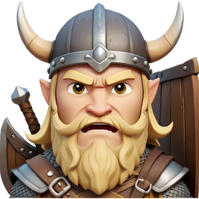 clash-of-clans-aesthetic_-cinematic-comical-viking-portrait-emoji, head tilted dramatically with an exaggerated, fierce expression and wide, comically expressive eyes, featuring a rugged yet cartoonish build with a quirky Viking helmet, standing boldly at the prow of a dragon-headed longship, its intricate dragon details carving through icy waters with epic determination. emoji