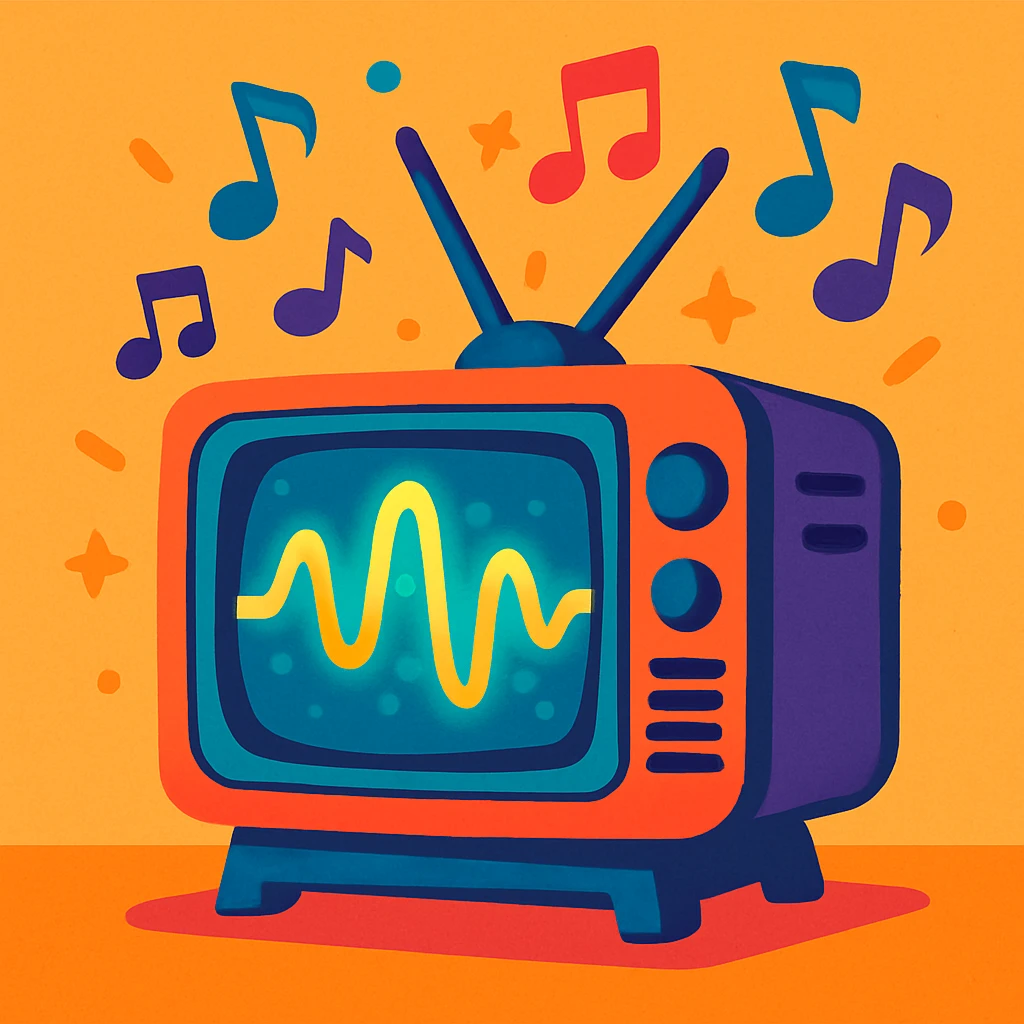 A vintage CRT TV with a glowing waveform, musical notes drifting upward, energetic and fun, vibrant toon style emoji
